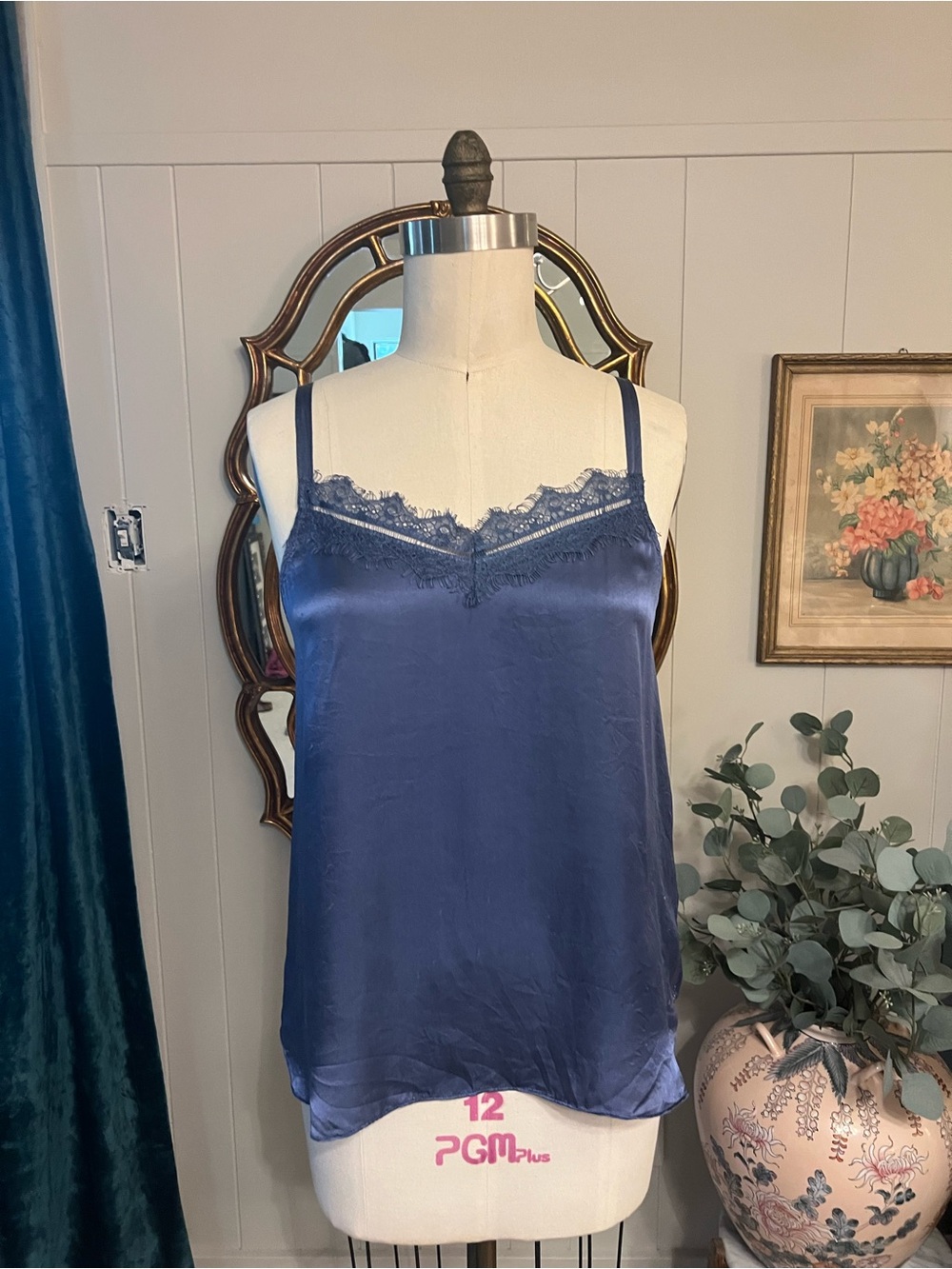 Sundance Silk Navy Lace-Trim Camisole adjustable straps L